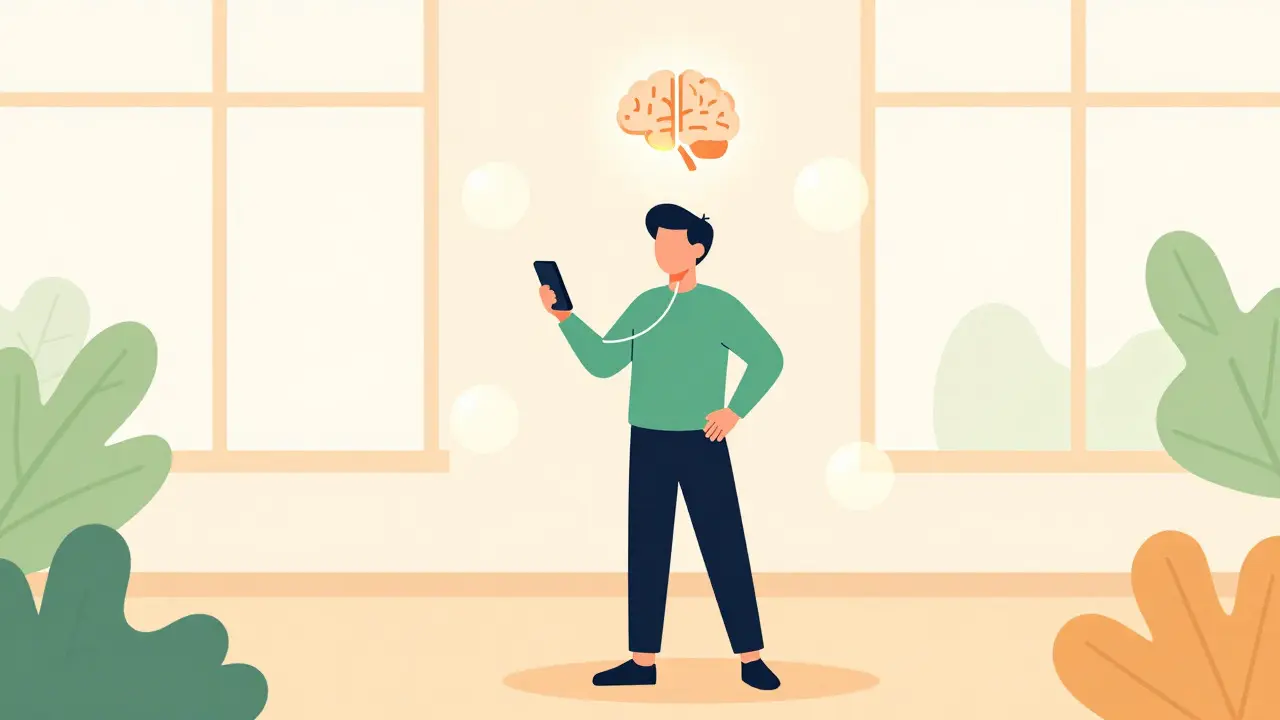 Ilustración minimalista de una persona con claridad mental, conectada a un dispositivo digital y un icono de cerebro