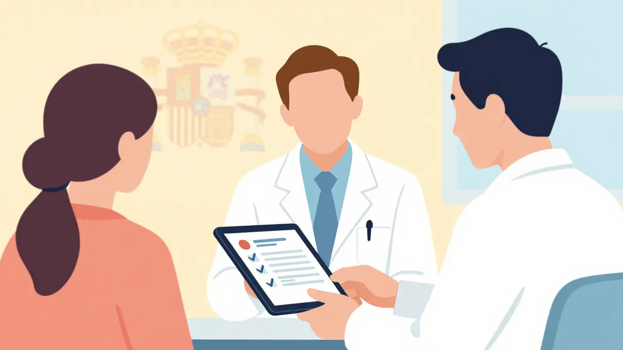 Ilustración plana: médico aconsejando receta legal en consulta
