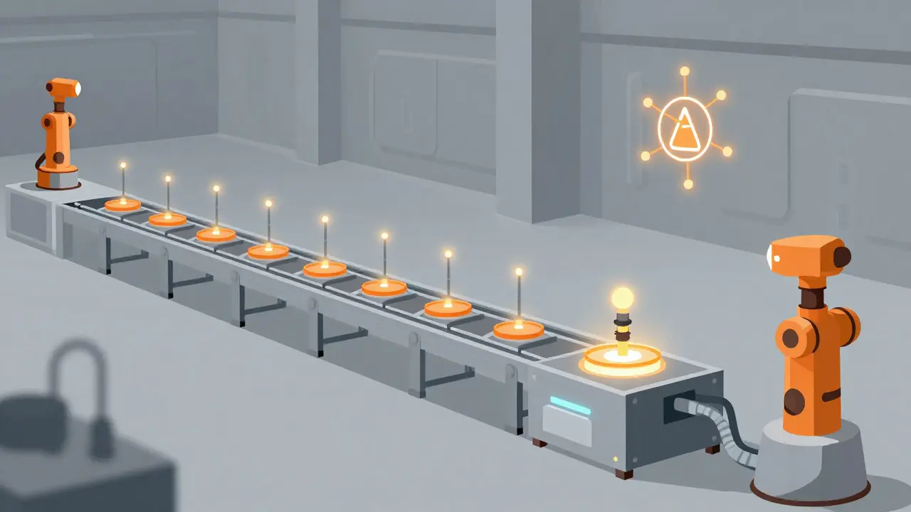 Manufactura continua futurista con IA en producción genérica