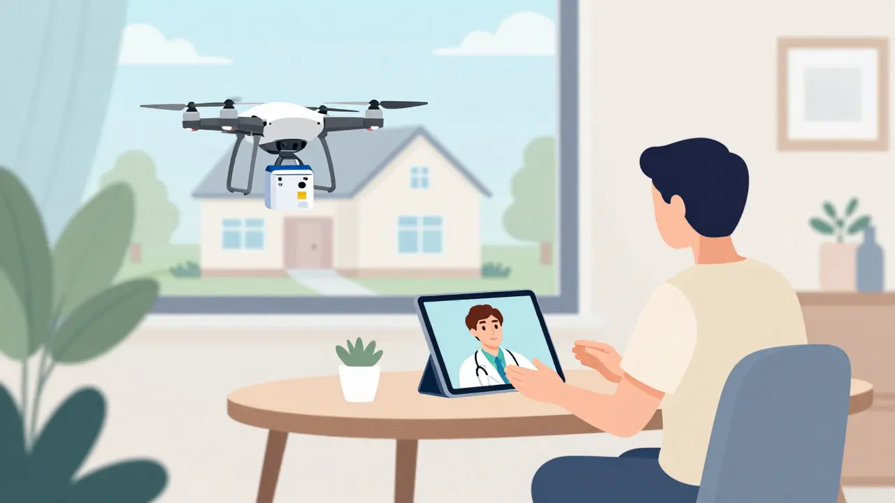 Paciente en telemedicina mientras un dron entrega su medicación
