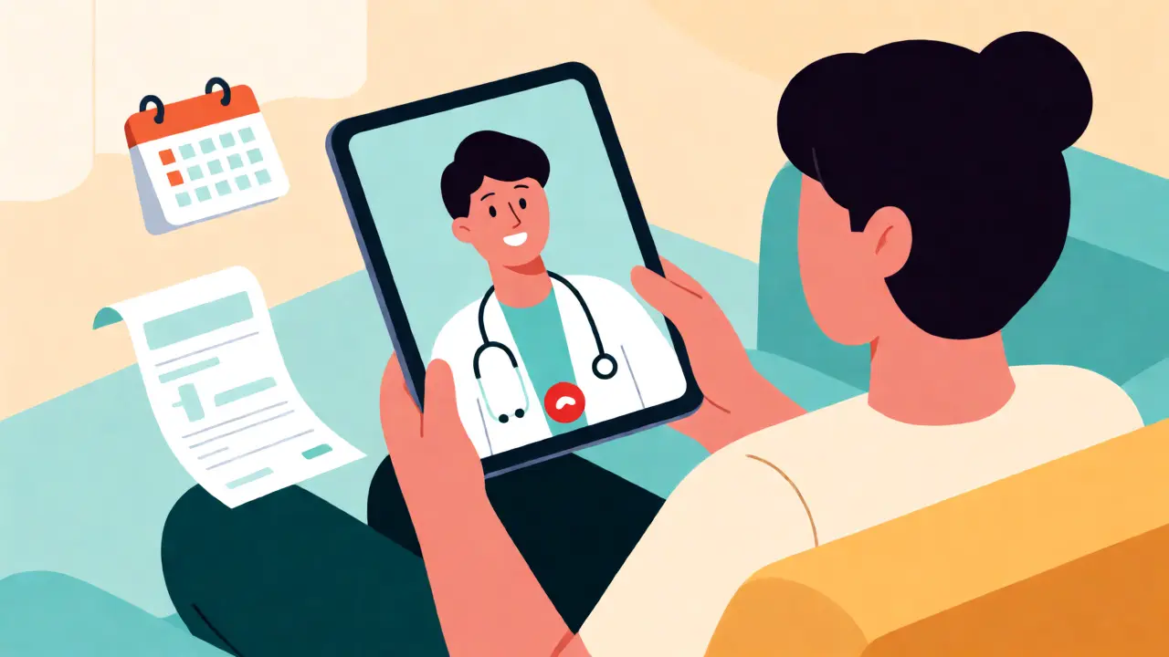 Persona recibiendo consulta médica por videollamada desde casa para obtener receta de montelukast.
