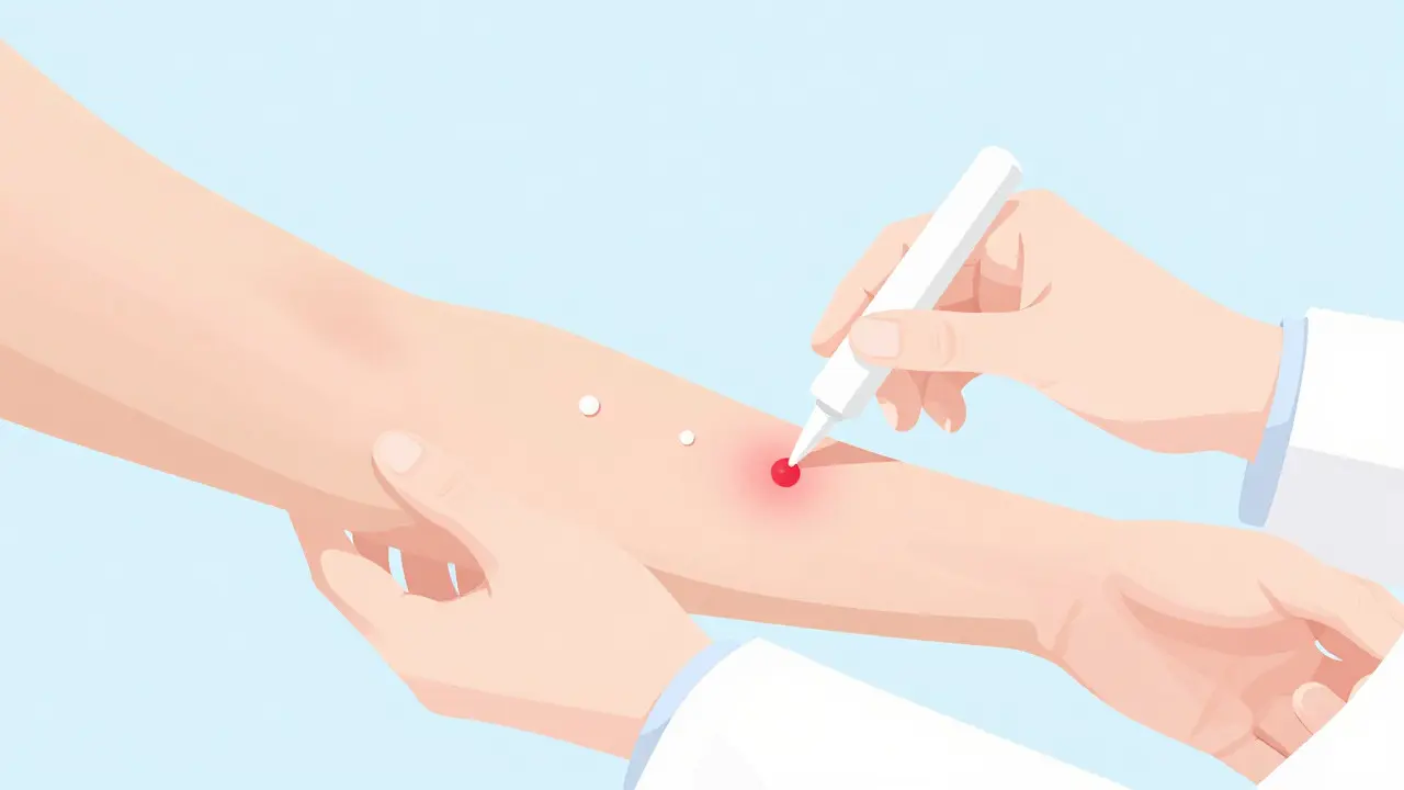 Prueba cutánea de alergia con reacción positiva visible en la piel