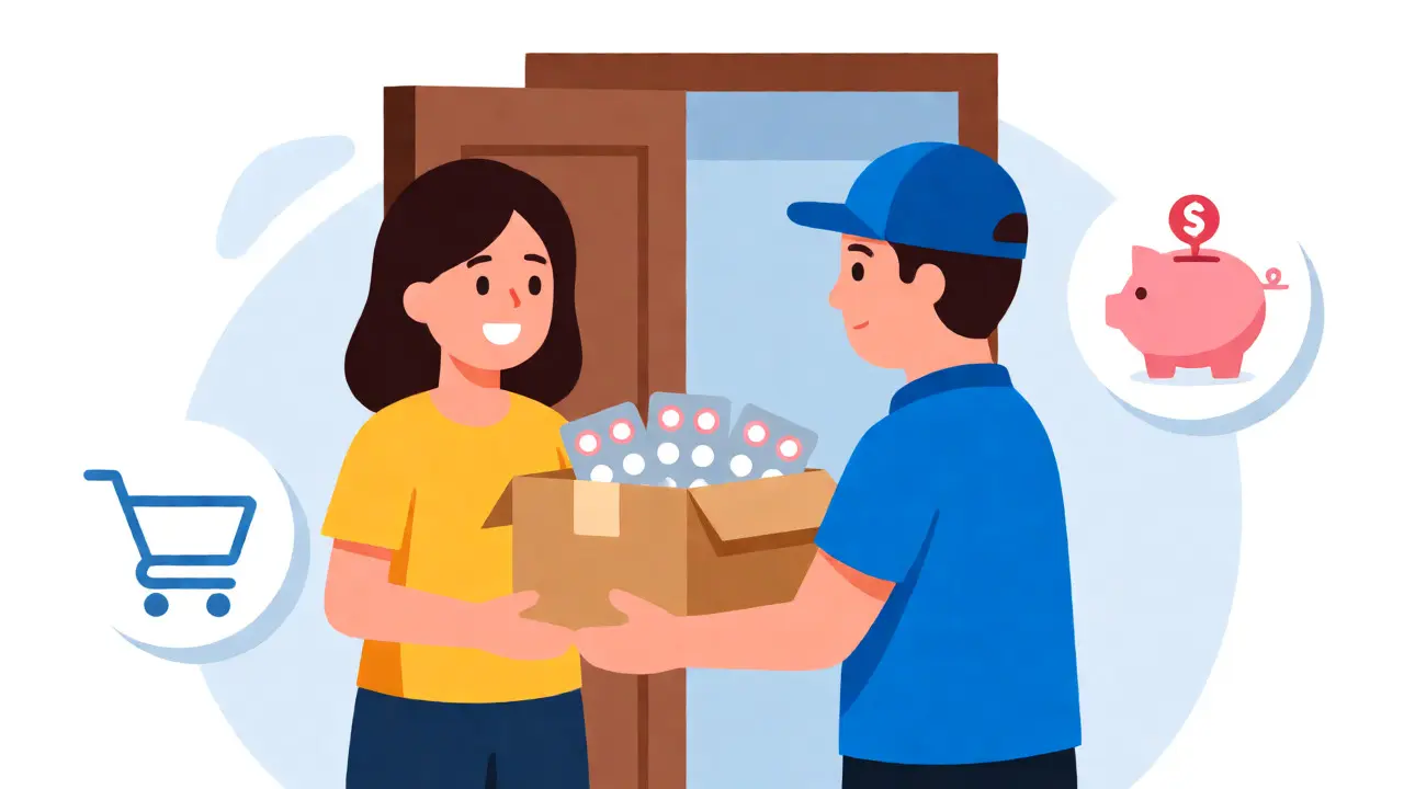 Cliente recibiendo un paquete de antibióticos genéricos con ahorro visualizado.