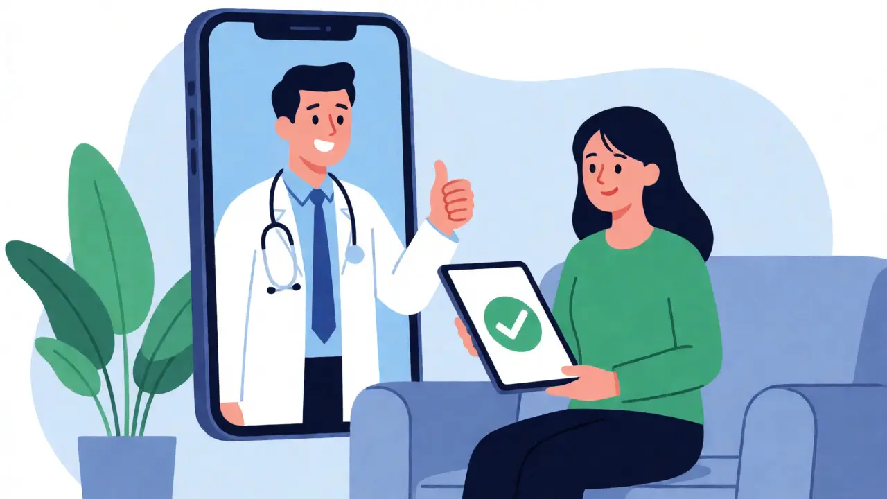 Consulta médica por videollamada obteniendo receta para compra online.